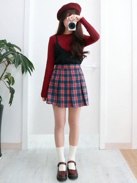 3 look com saia coreana xadrez azul e vermelho Pinterest