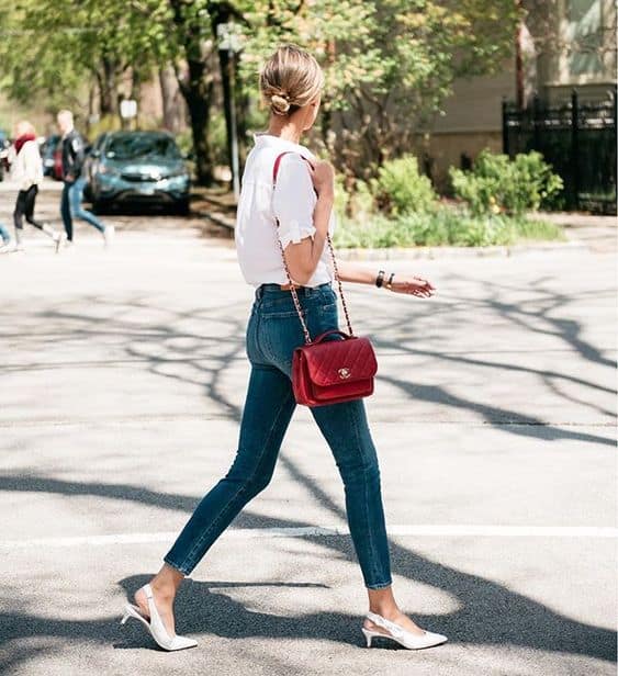 18 look com calca jeans casual e slingback branco Pinterest