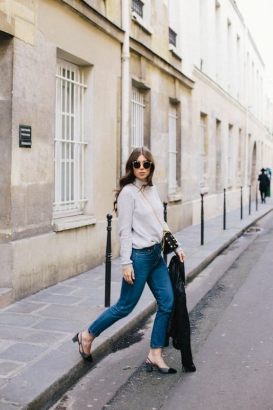 52 look calca jeans com slingback de salto grosso Pinterest