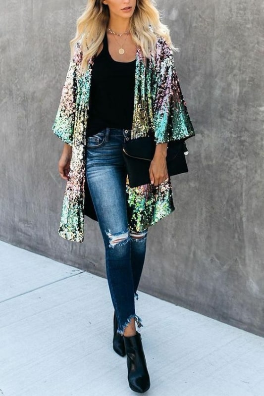 49 look com calca jeans e kimono de paete colorido Pinterest