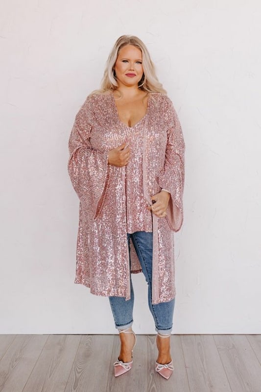 50 look plus size com kimono de paete rosa Pinterest