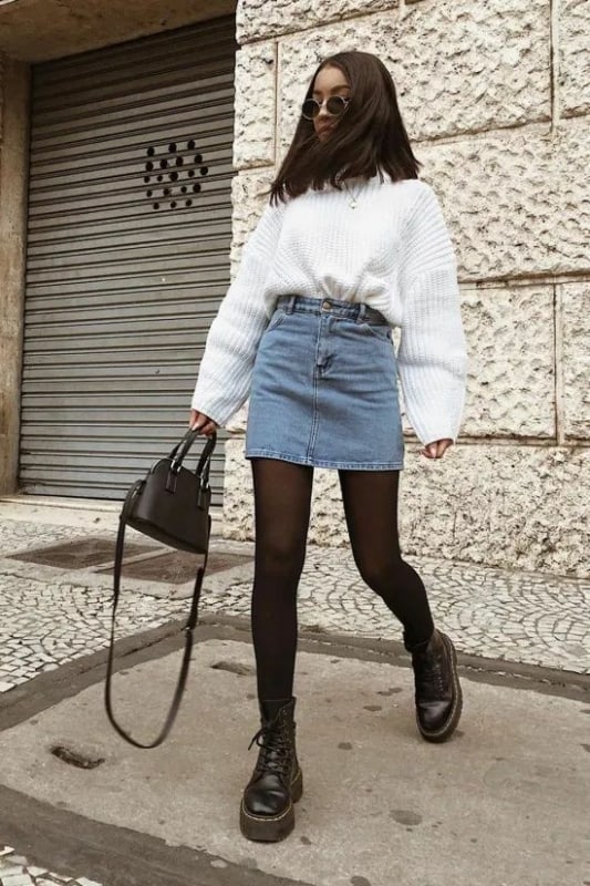 11 look com saia jeans e blusa de trico branca Pinterest