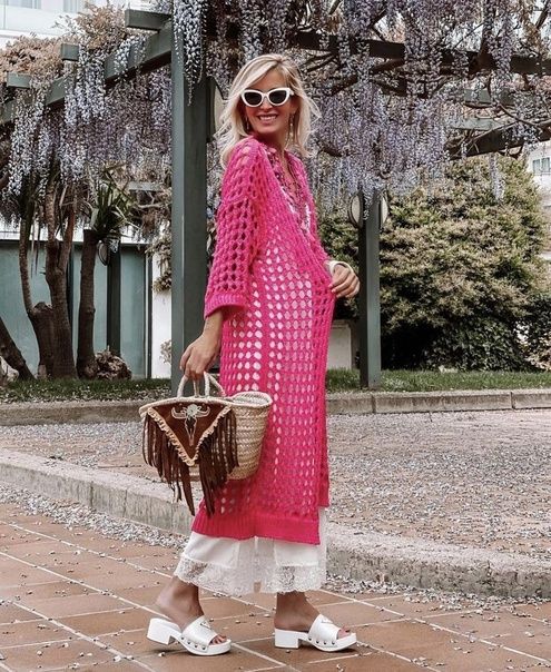 14 look com kimono de croche pink Pinterest