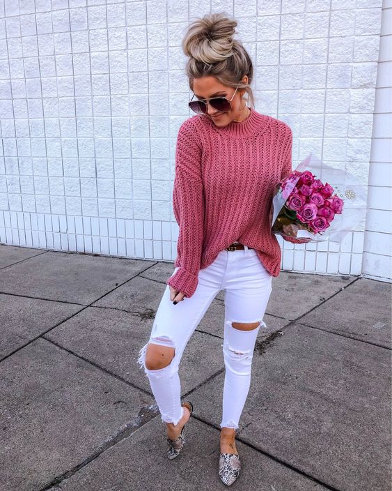 16 look com calca branca e blusa de trico rosa Pinterest