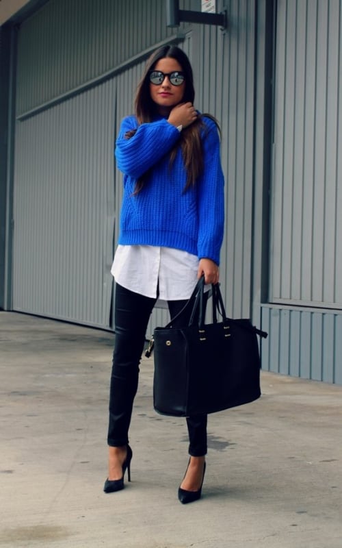 21 look com blusa de trico azul Pinterest