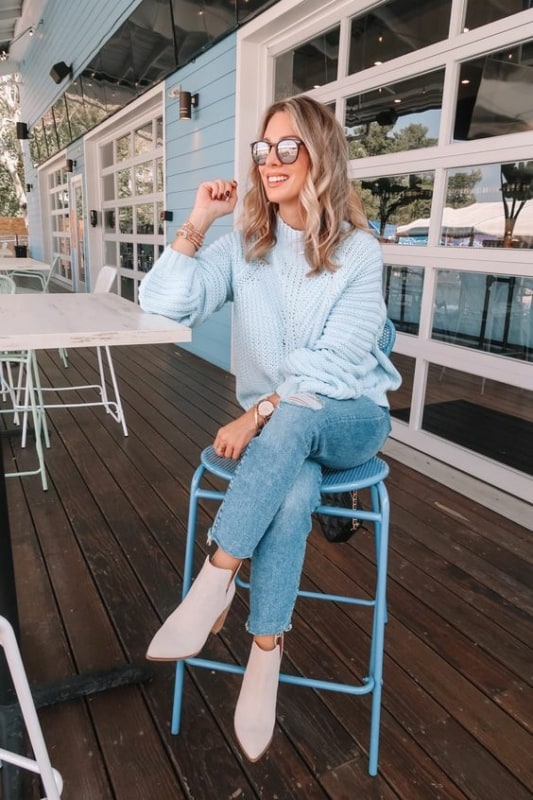 24 look com blusa de trico azul claro Pinterest