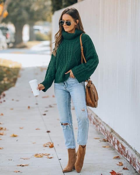 27 look com jeans e blusa de trico verde escuro InsStreet