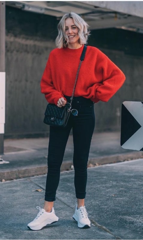 33 look com calca preta e blusa vermelha de trico Pinterest