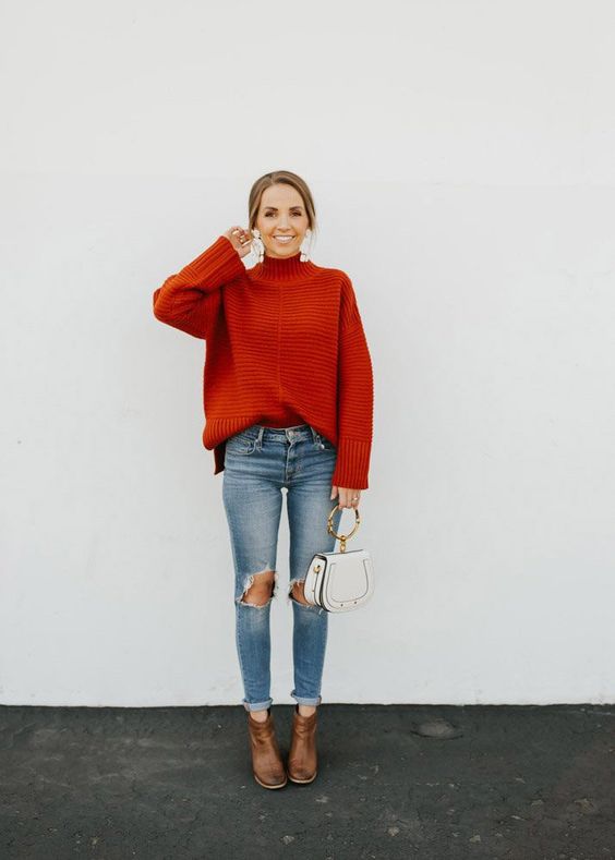 34 look com jeans destroyed e blusa vermelha de trico Pinterest