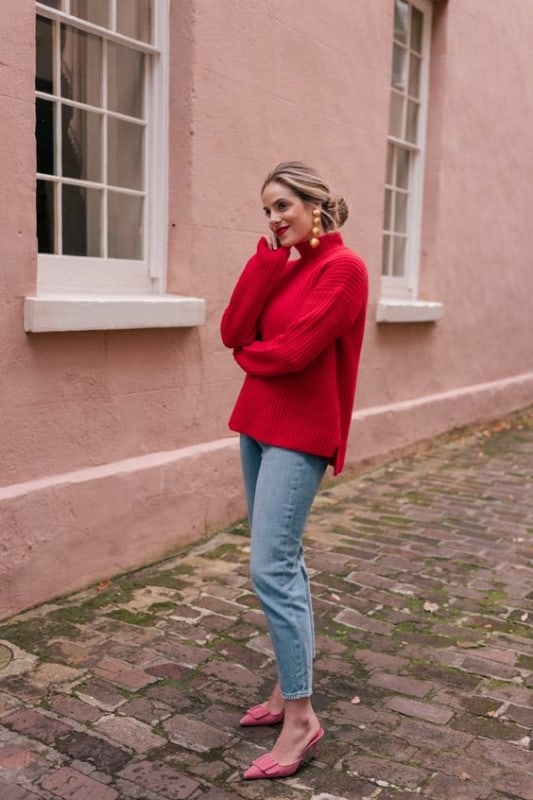35 look com jeans e blusa de trico vermelha Pinterest
