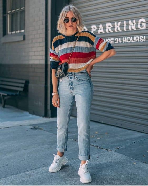 46 look com jeans e blusa de trico de listras coloridas Pinterest