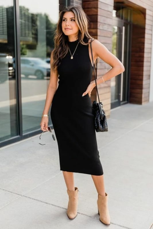 57 look com vestido preto colado midi e bota de cano curto Pinterest