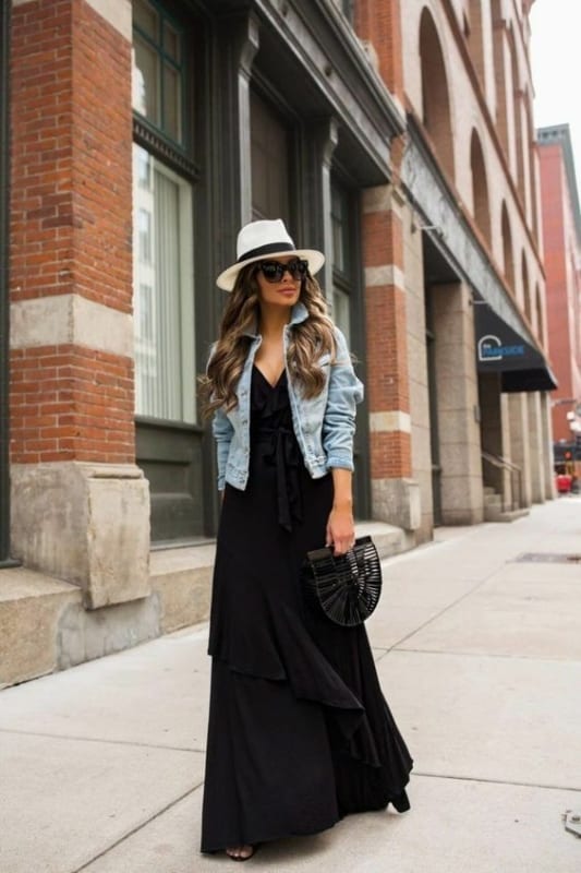 7 look casual com vestido preto longo e jaqueta jeans Pinterest