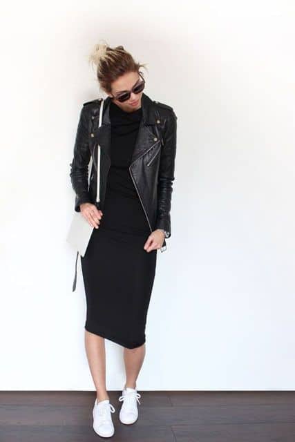 7 look com vestido preto colado midi e jaqueta de couro My Personal Stylist