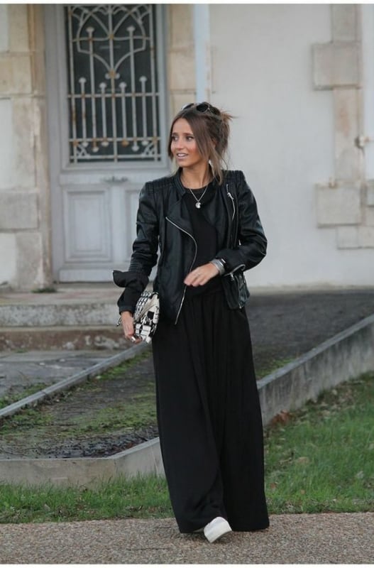 9 vestido longo preto com jaqueta de couro Pinterest