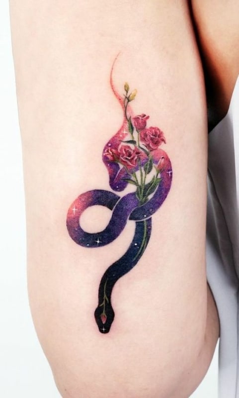 54 tatuagem colorida de cobra com flores Pinterest