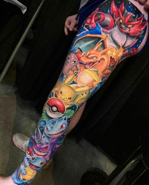 20 tatuagem grande e colorida Pokemon na perna Pinterest