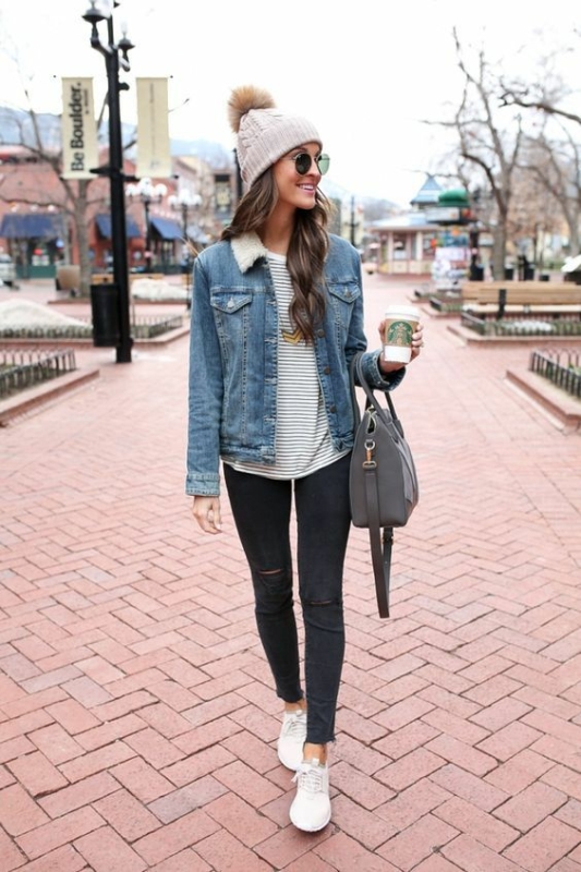 2 look feminina com jaqueta jeans de pelo Pinterest