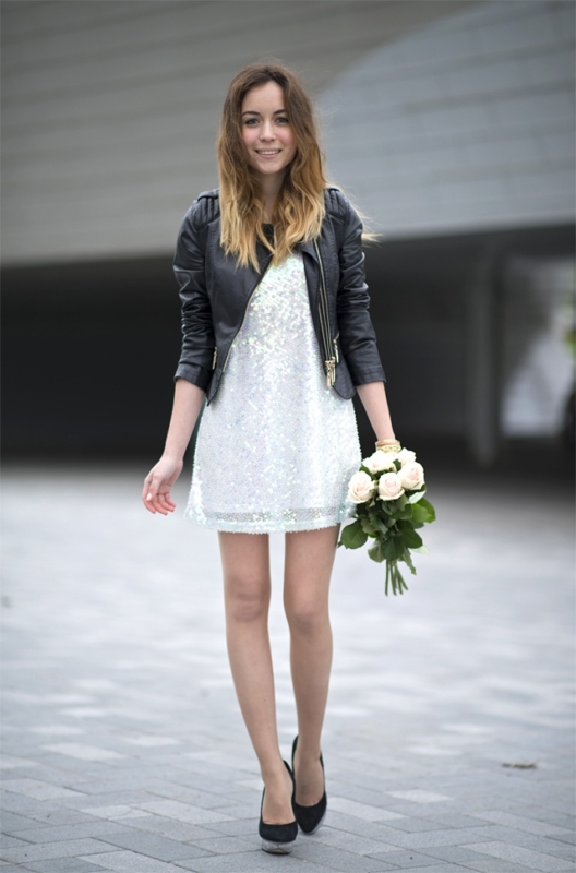23 look com vestido branco de paete e jaqueta Pinterest