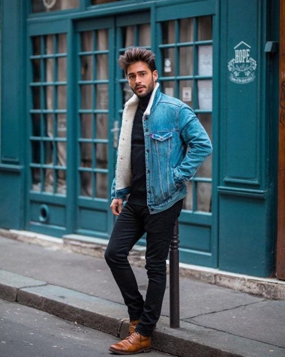 28 homem com jaqueta jeans de pelinho Pinterest