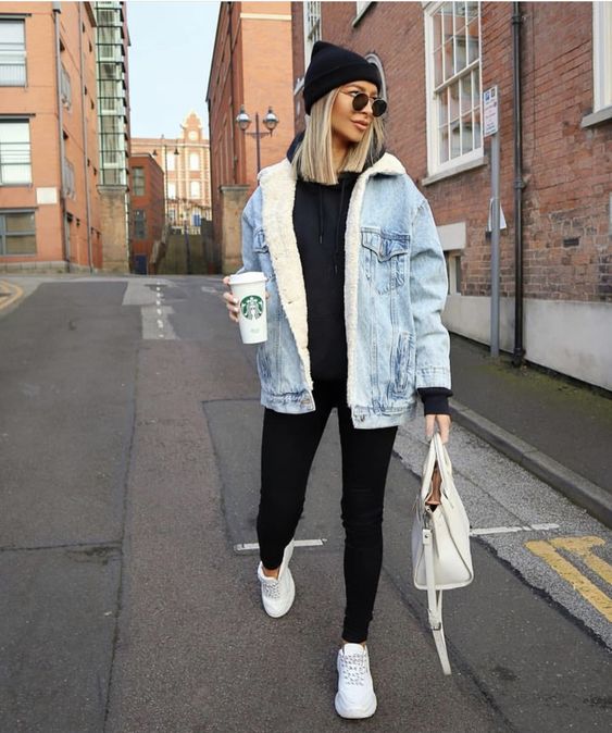 3 look preto com jaqueta jeans de pelo Pinterest