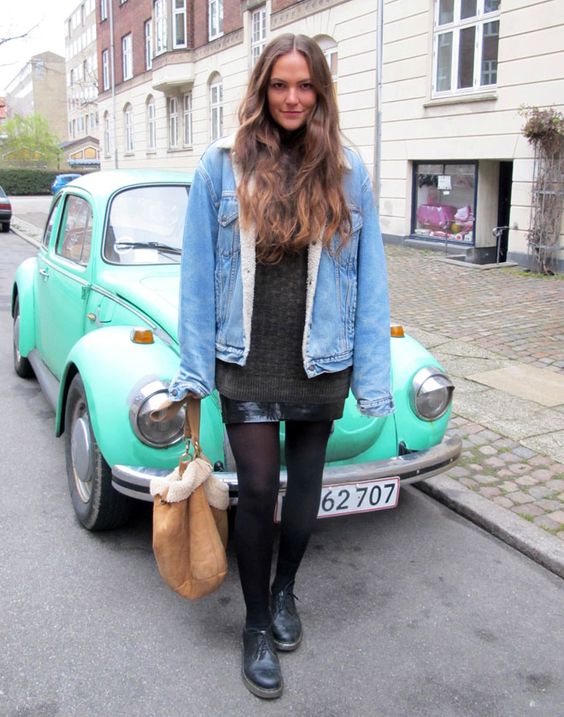 7 jaqueta jeans de pelinho com saia Pinterest