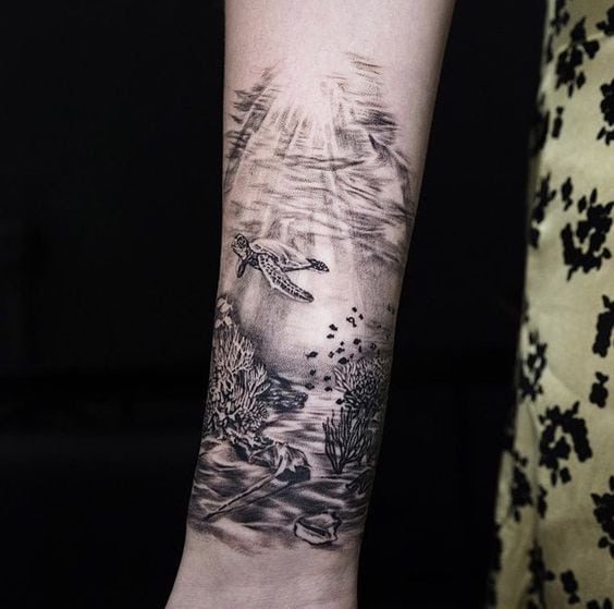 1 tatuagem fundo do mar em preto e branco Pinterest