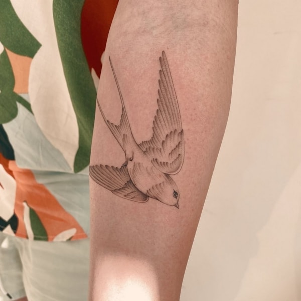 14 tatuagem delicada de andorinha no braço @bee mrts