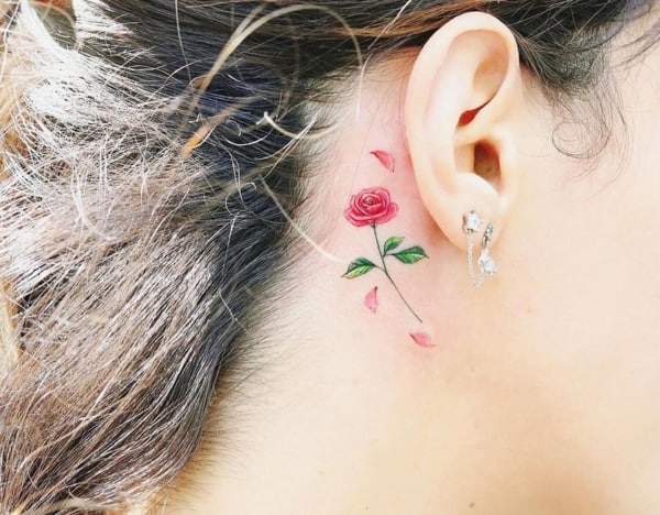 22 tatuagem delicada e colorida de rosa no pescoço @vane tattoo