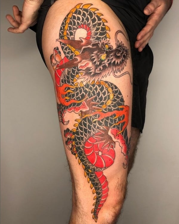 50 tatuagem colorida perna dragão oriental @yumi irezumi