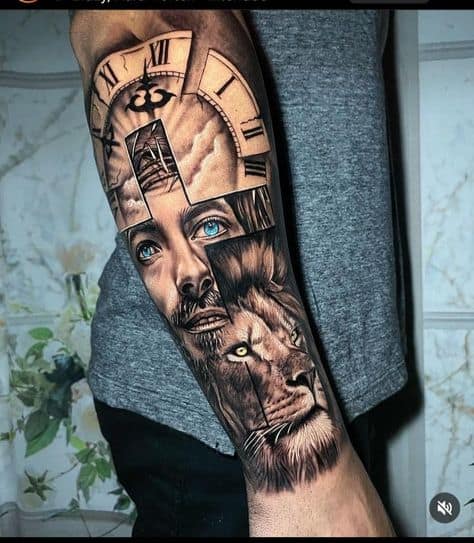 Tatuagem leão com cruz masculina sombreada