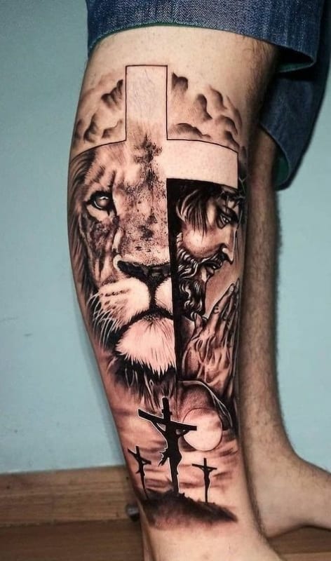 dicas de Tatuagem leão com cruz na perna