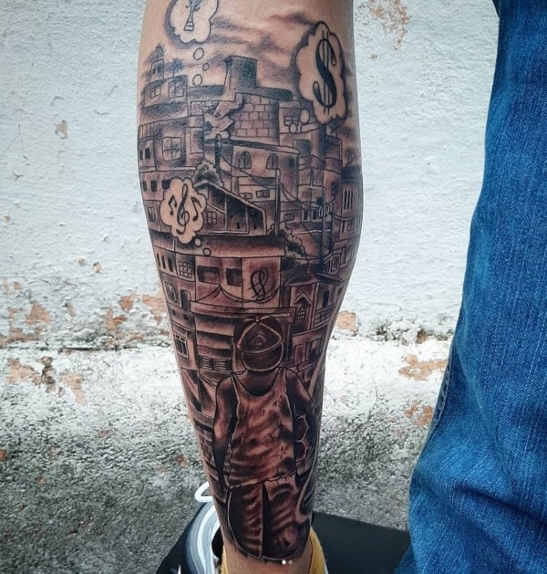 12 tattoo de favela na perna @paulocoimbratattoo