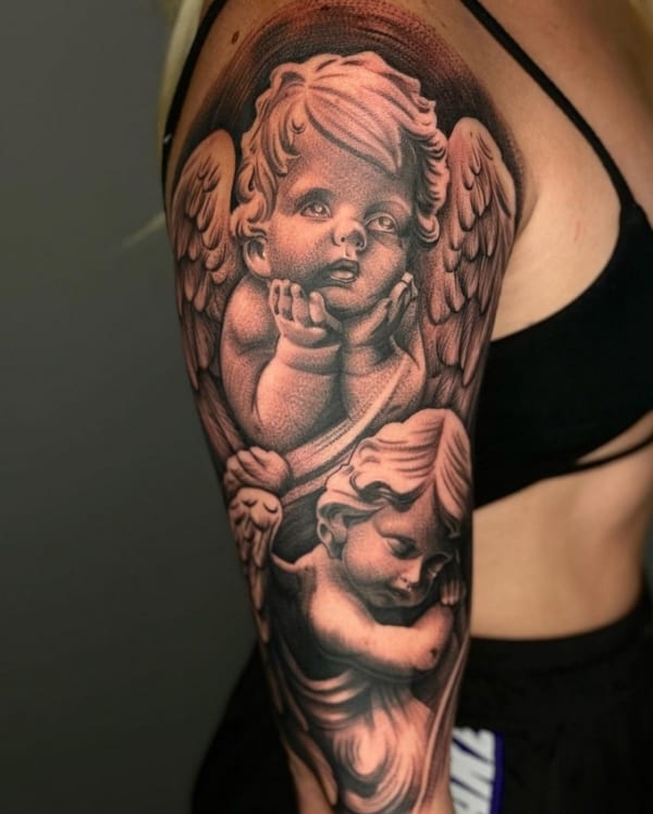8 tatuagem grande no braço anjinhos bebê @georgeleonard