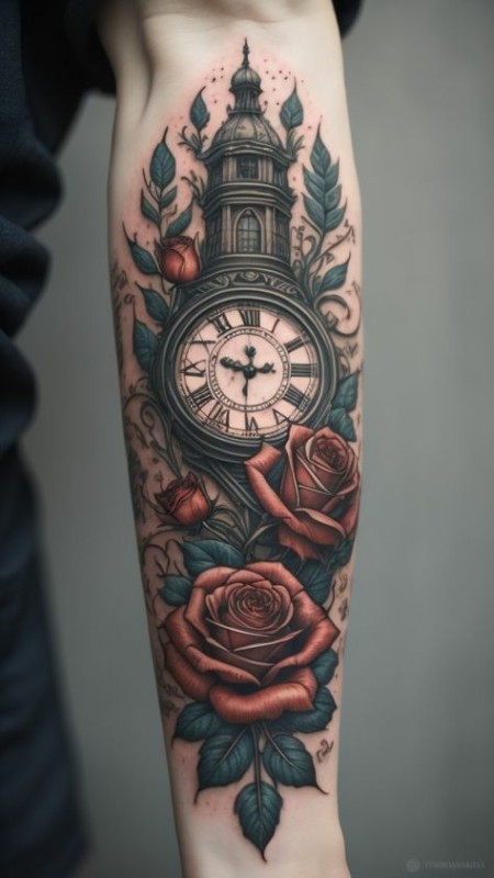 linda Tatuagem de relógio com rosas
