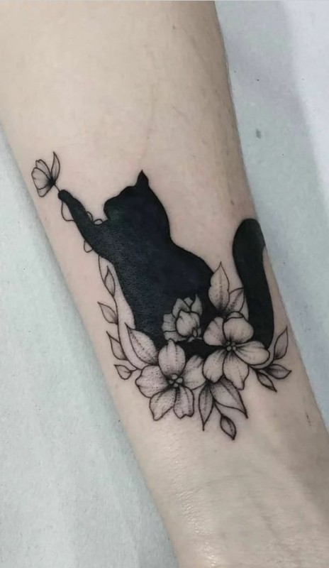 30 tatuagem gato preto com flores Pinterest
